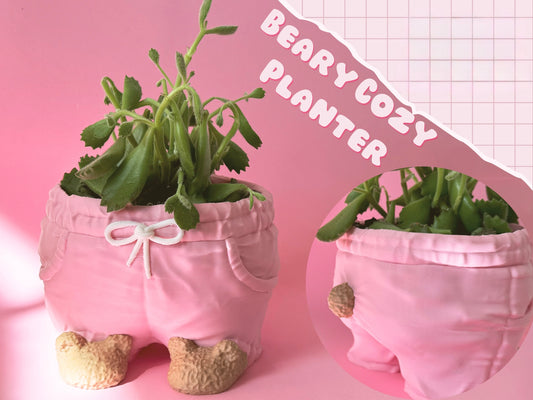 🧸 Beary Cozy Planter – Pink Shorts Edition