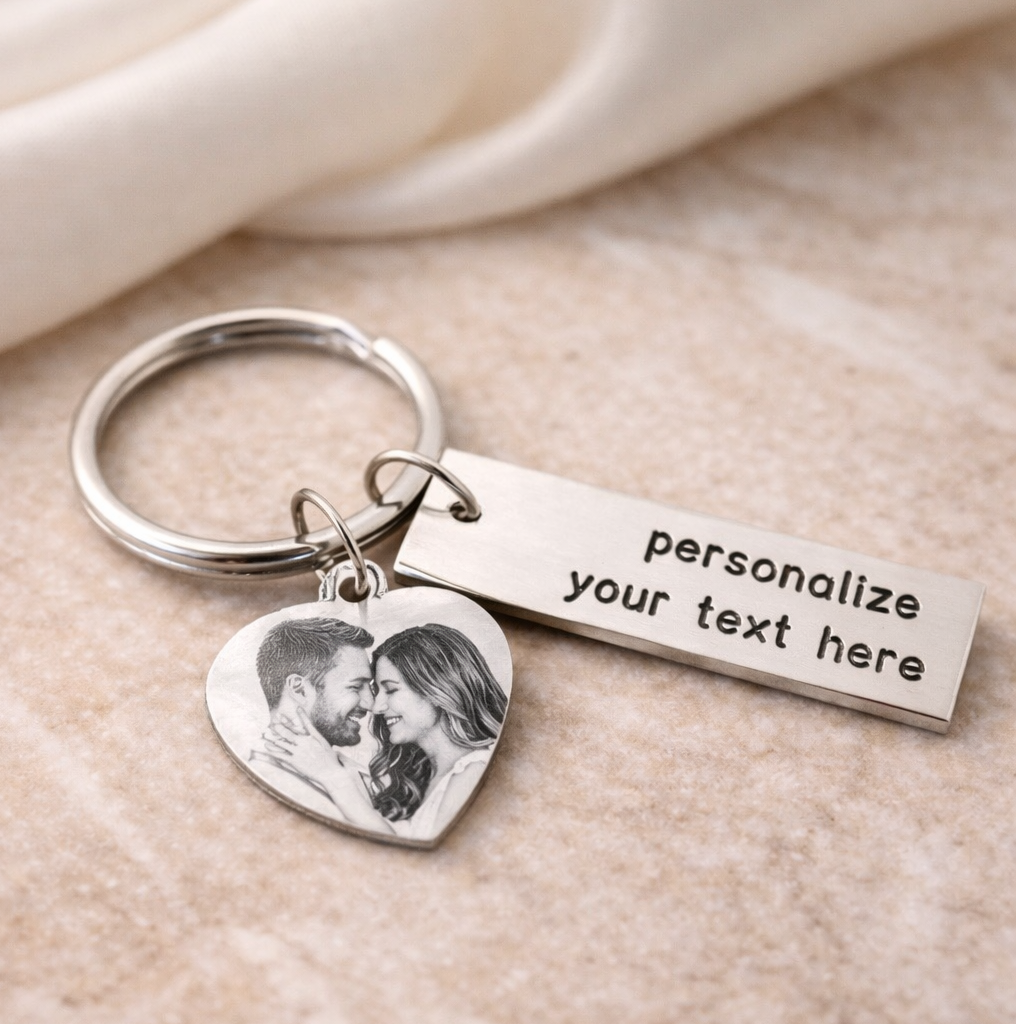 Personalized Photo Engraved Heart Keychain with Custom Text