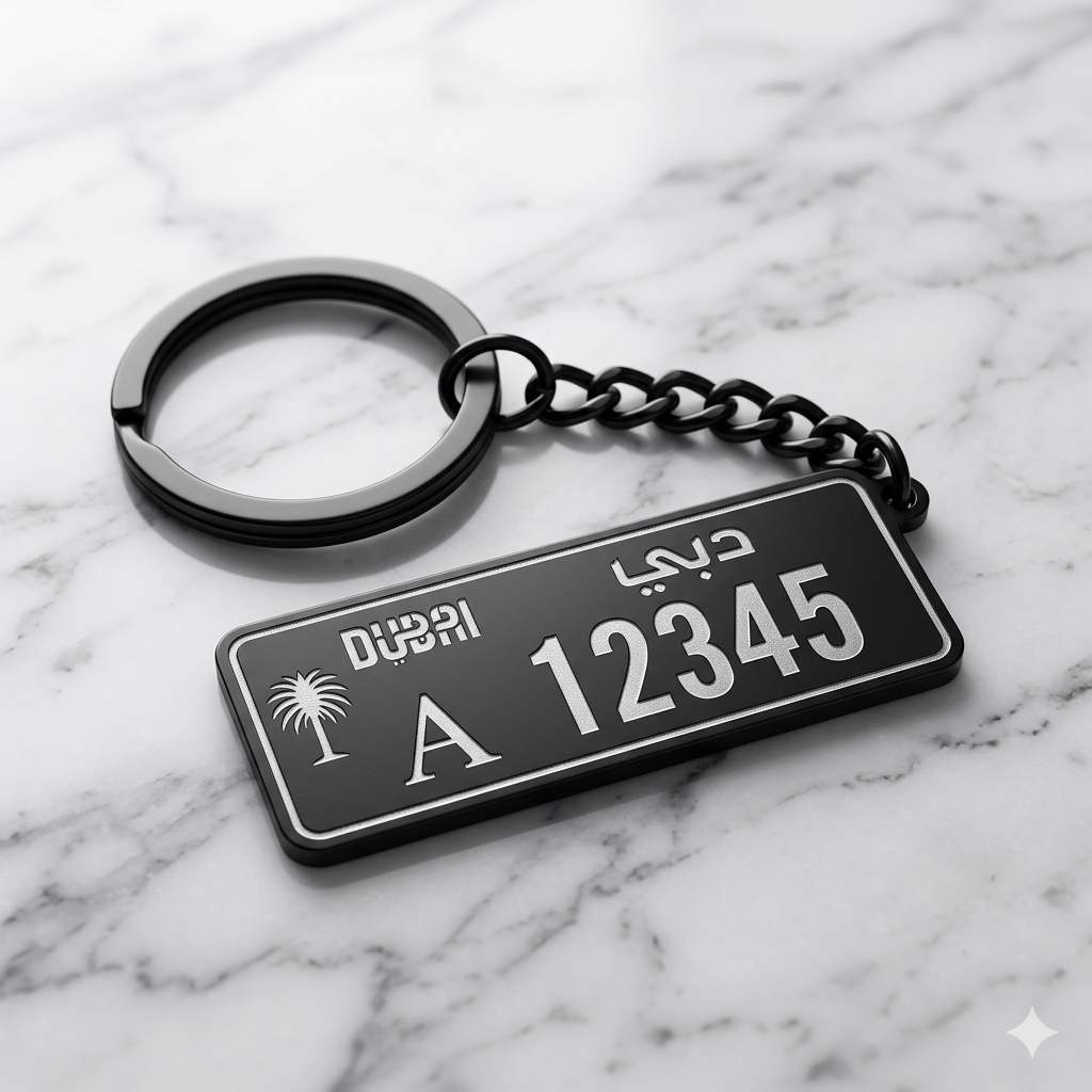 Personalized Dubai Number Plate Keychain – Custom Car Plate Style (Matte Black)